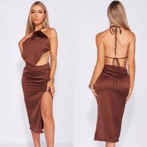 Brown Satin Halter Neck Backless Handkerchief Top and Midi Skirt Two Piece Set